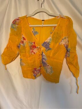 NWOT Free People Mustard Yellow Floral Tie-Front Women's Crop Top Babydoll Style